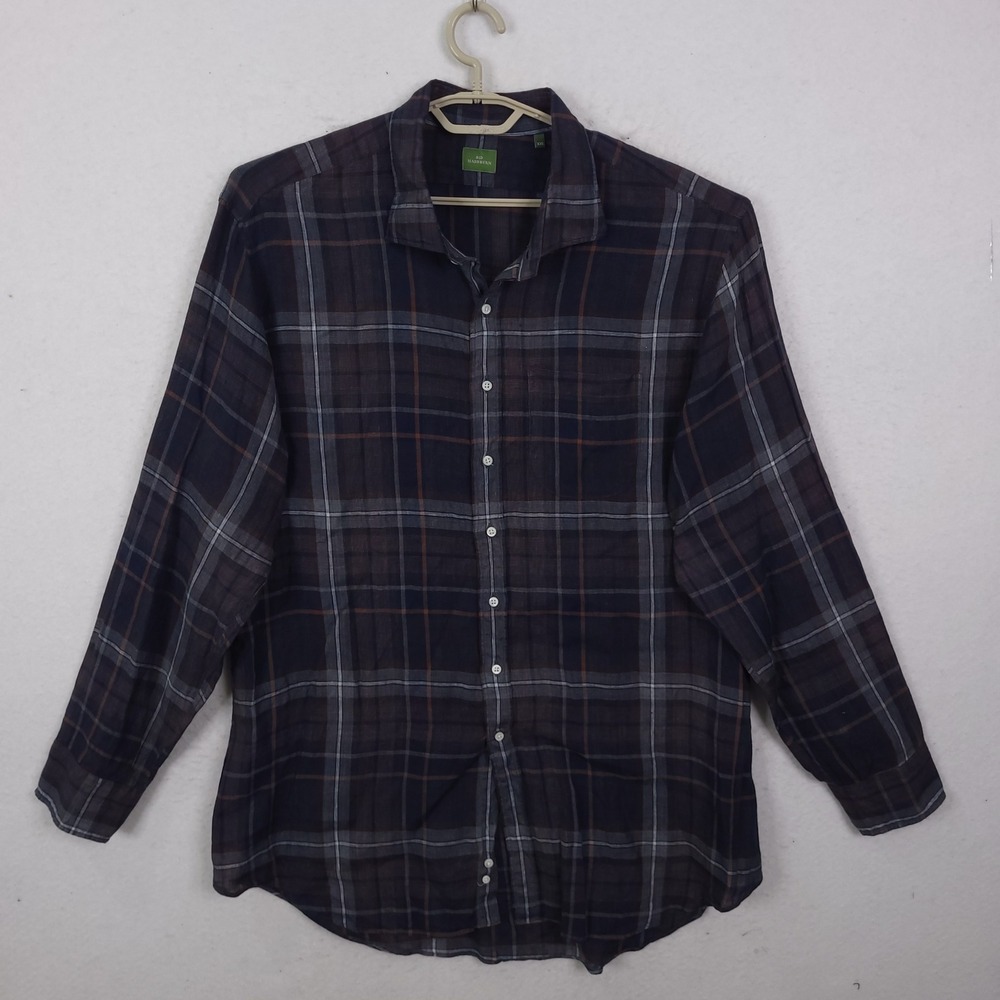 Sid Mashburn Button Down Shirt Mens XXL Blue Plaid Linen Long Sleeve Preppy